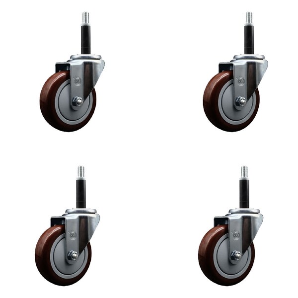 4'' SS Maroon Poly Wheel Swivel 3/4'' Expanding Stem Caster Set, 4PK